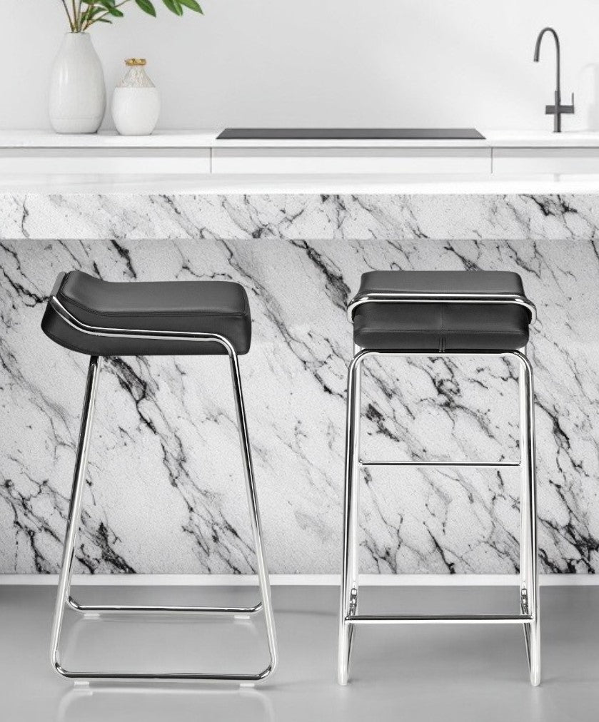Set of Two 32" Black And Silver Faux Leather And Steel Backless Bar Height Bar Chairs