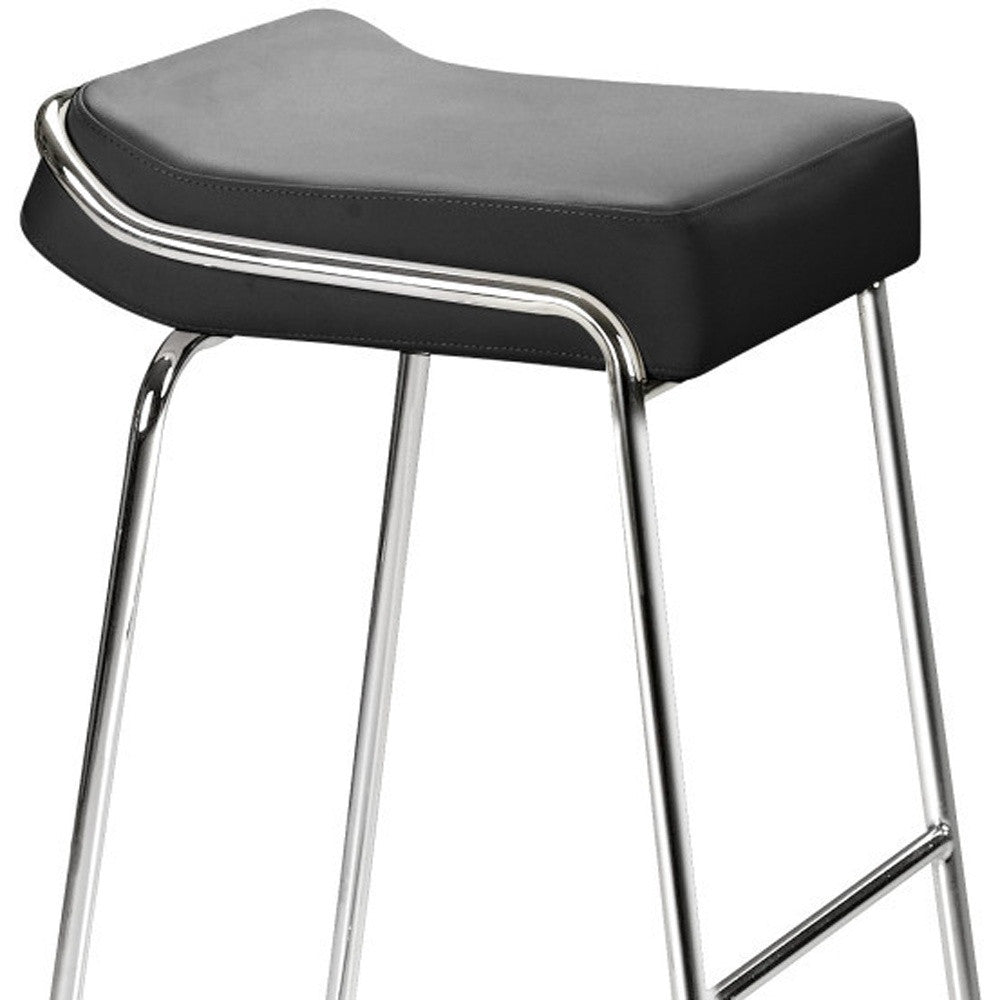 Set of Two 32" Black And Silver Faux Leather And Steel Backless Bar Height Bar Chairs