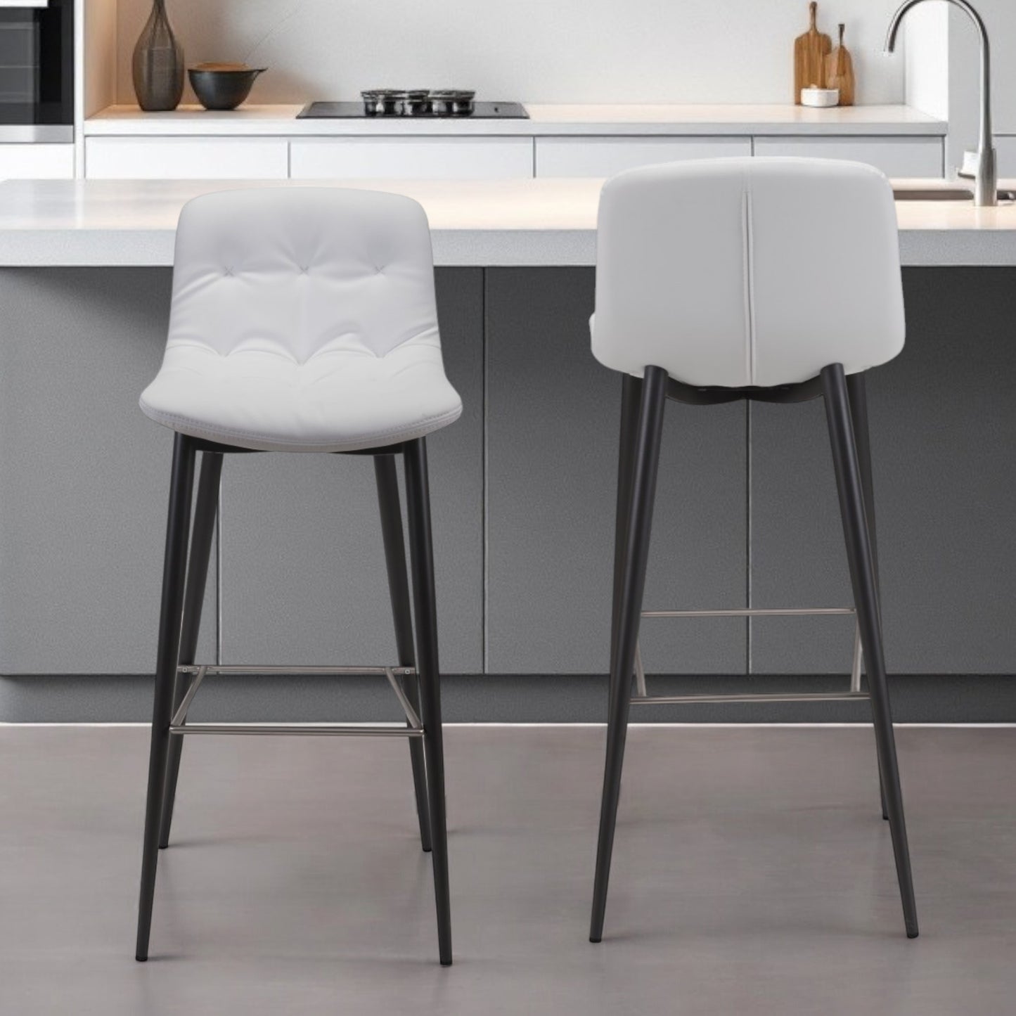 Set of Two 30" White And Black Steel Low Back Bar Height Bar Chairs