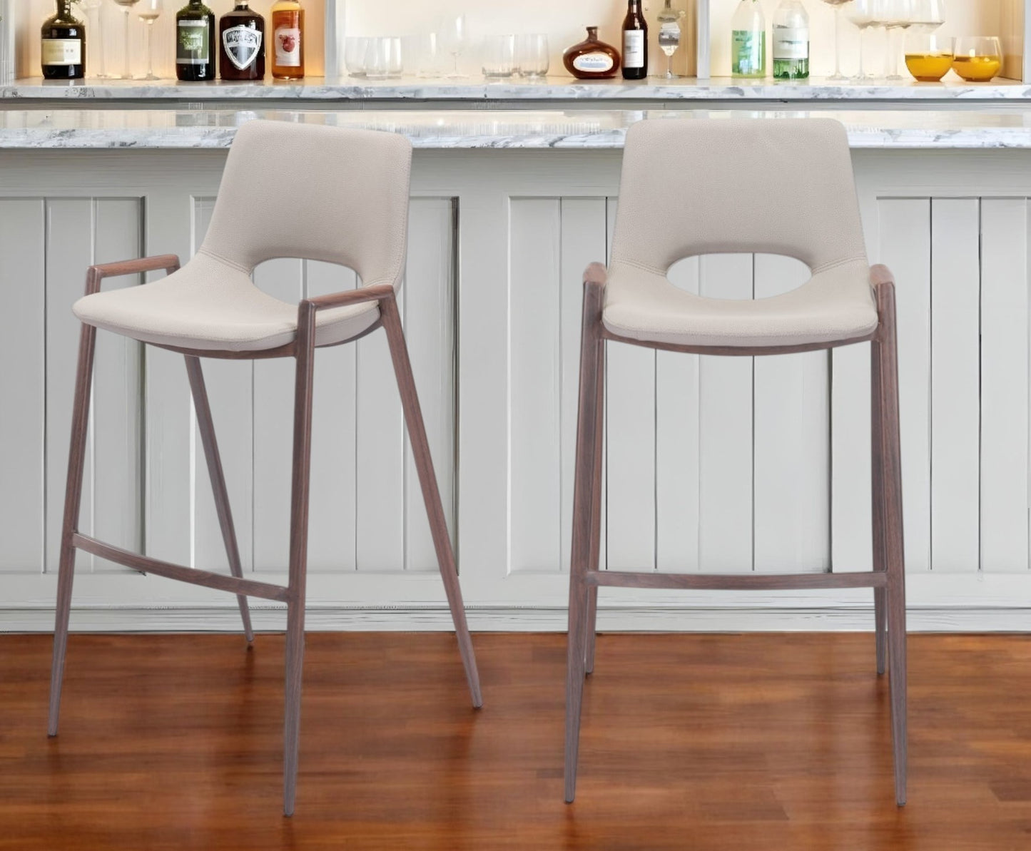 Set of Two 29 " Beige And Brown Steel Low Back Bar Height Bar Chairs