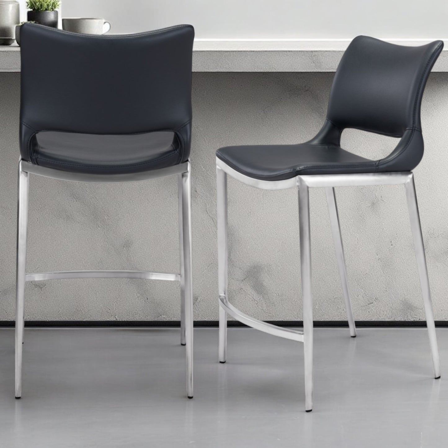 Set of Two 25" Black And Silver Steel Low Back Counter Height Bar Chairs