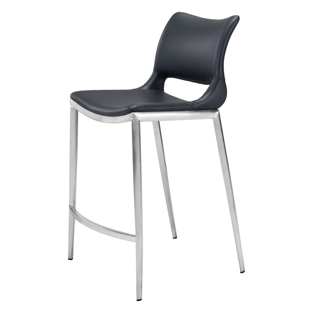 Set of Two 25" Black And Silver Steel Low Back Counter Height Bar Chairs