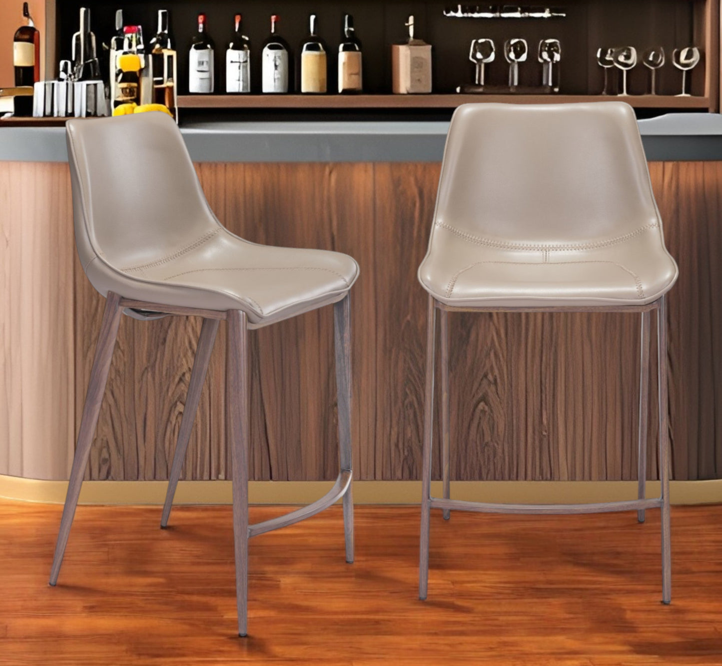 Set of Two 26" Gray and Brown Steel Low Back Counter Height Bar Chairs