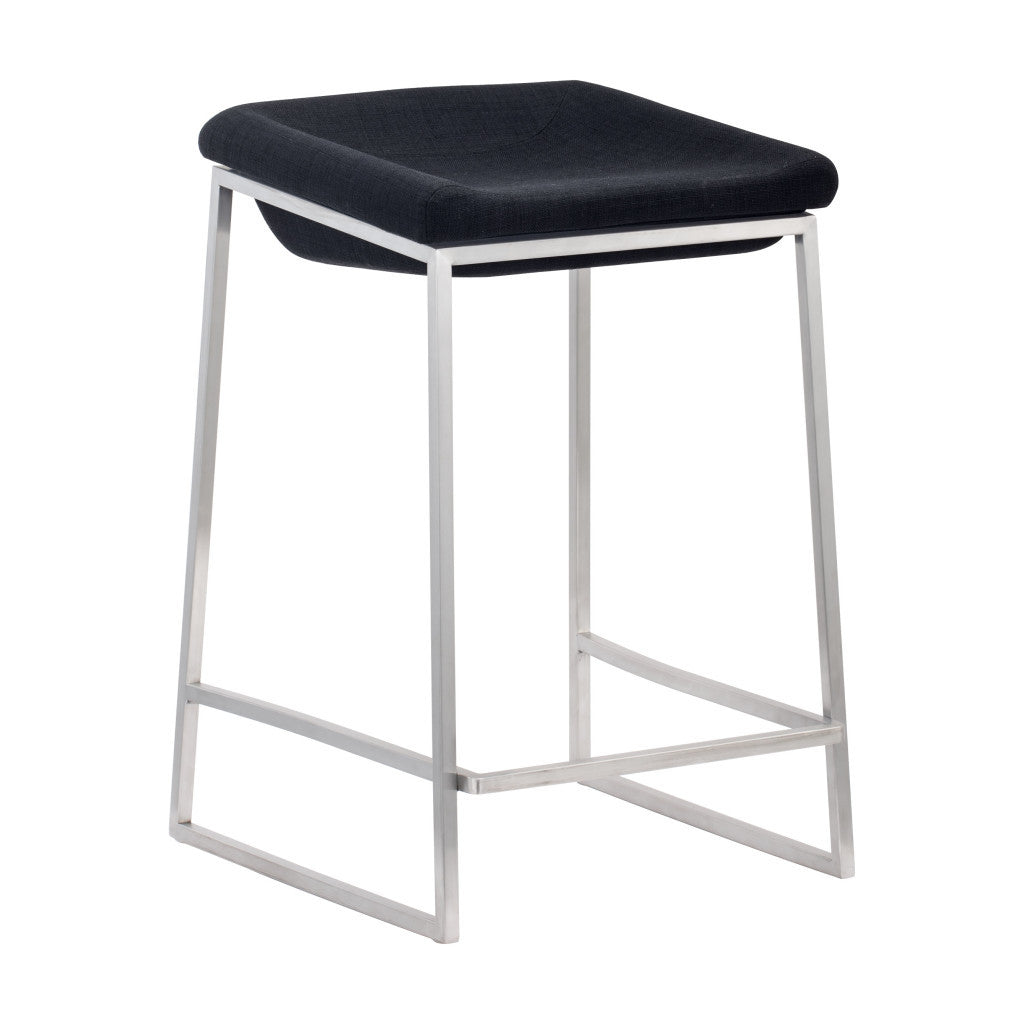 Set of Two 24" Black and Silver Fabric and Stainless Steel Backless Counter Height Bar Chairs
