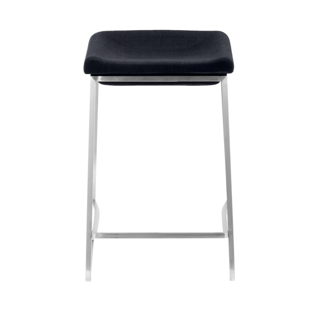 Set of Two 24" Black and Silver Fabric and Stainless Steel Backless Counter Height Bar Chairs