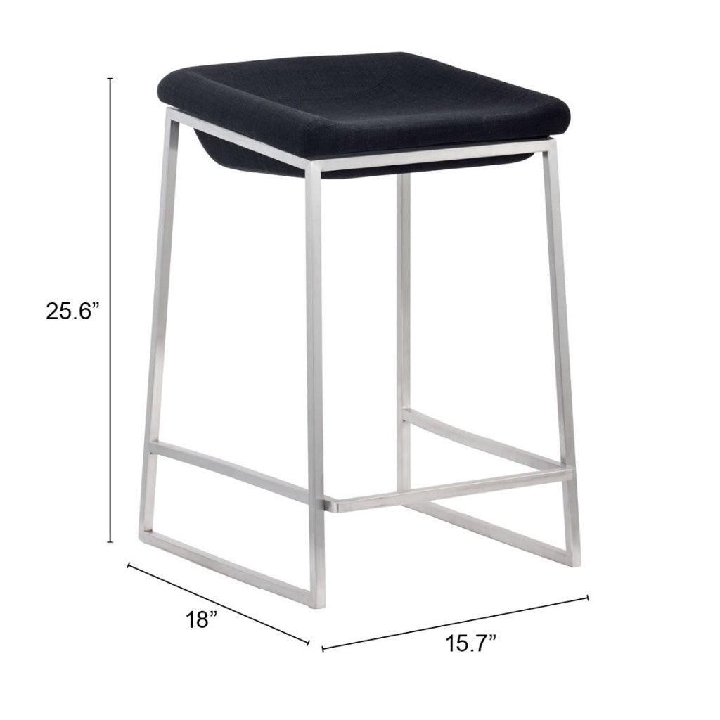 Set of Two 24" Black and Silver Fabric and Stainless Steel Backless Counter Height Bar Chairs