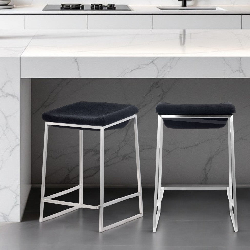 Set of Two 24" Black and Silver Fabric and Stainless Steel Backless Counter Height Bar Chairs