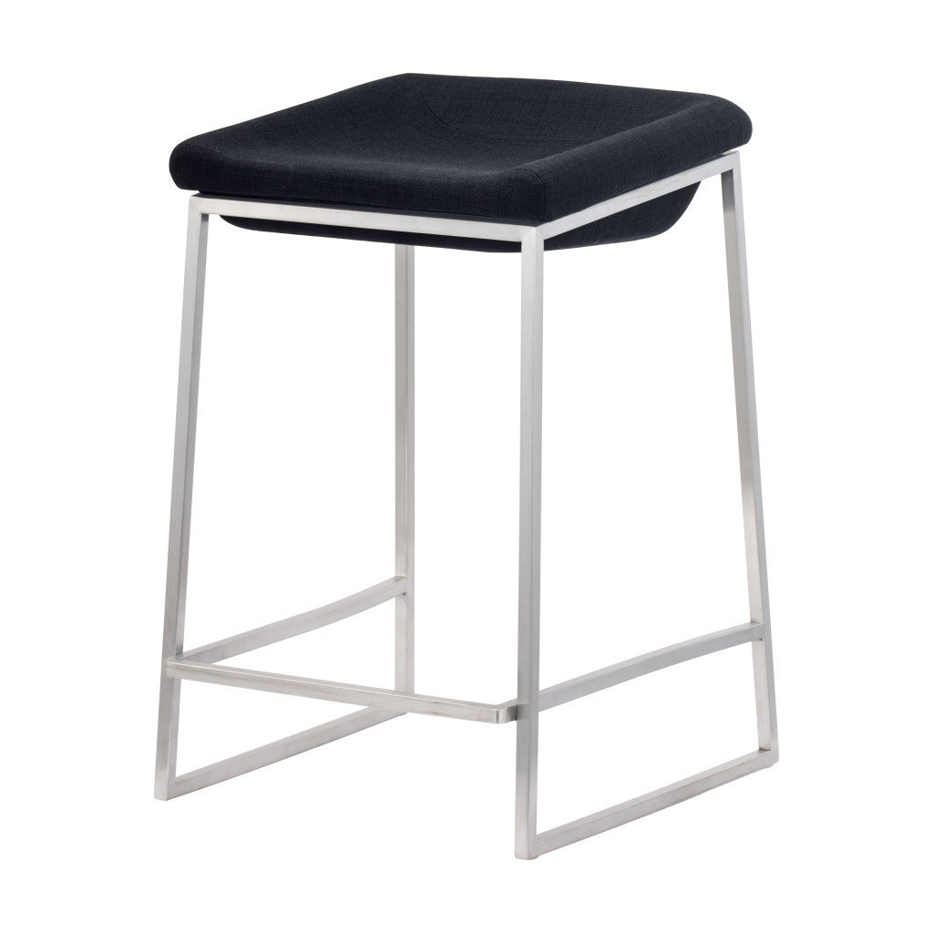 Set of Two 24" Black and Silver Fabric and Stainless Steel Backless Counter Height Bar Chairs