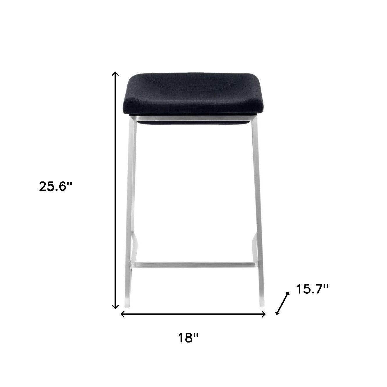 Set of Two 24" Black and Silver Fabric and Stainless Steel Backless Counter Height Bar Chairs