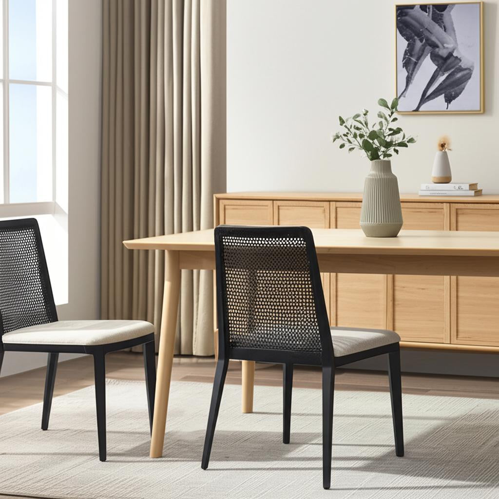 Set of Two Black Upholstered Fabric Cross Back Dining Side Chairs