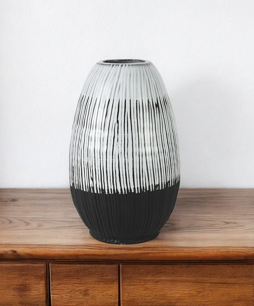 13" Black Gray And White Abstract Cylinder Ceramic Table Vase