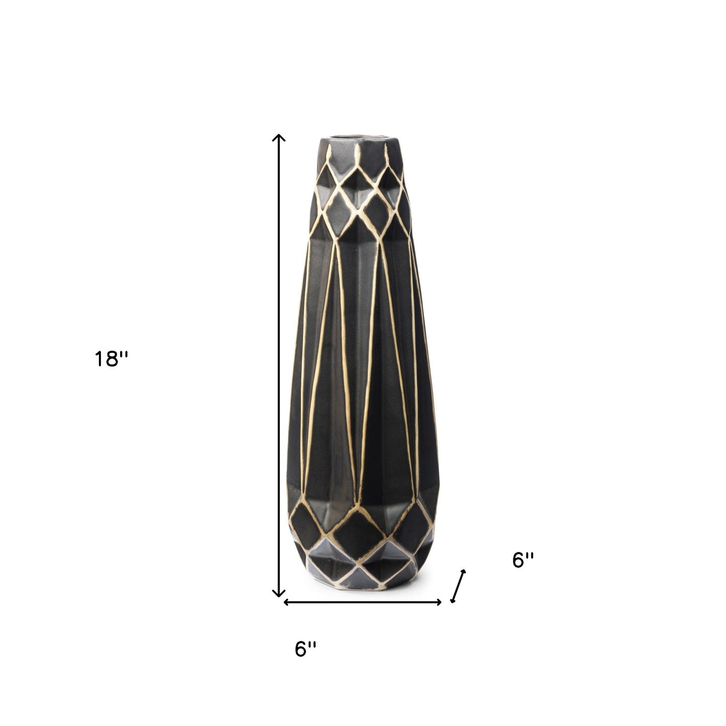 18" Black And Gold Abstract Cylinder Ceramic Table Vase
