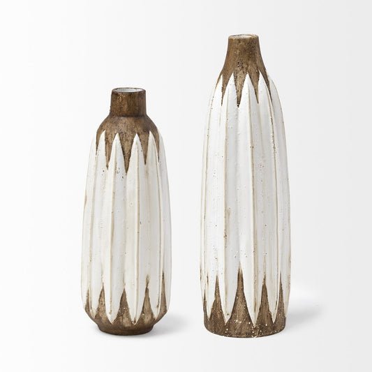 14" Brown And White Abstract Cylinder Ceramic Table Vase