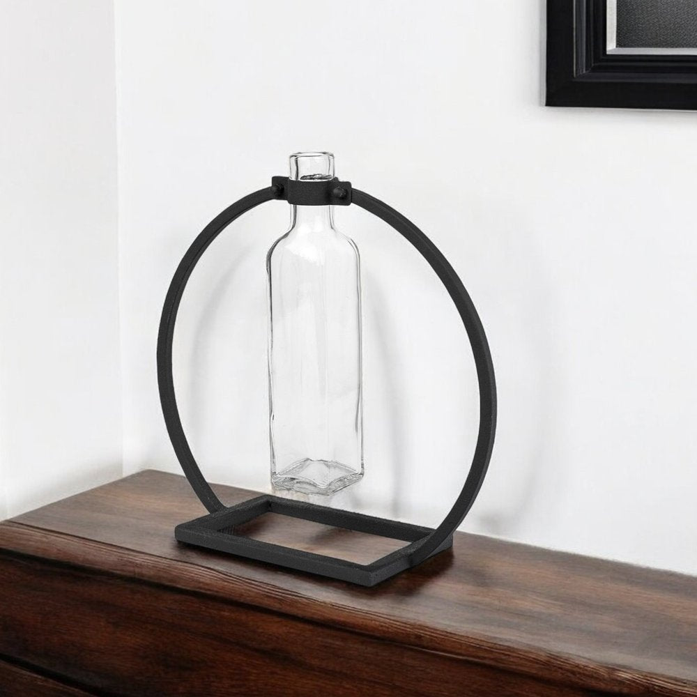 10" Black Abstract Cylinder Metal Table Vase
