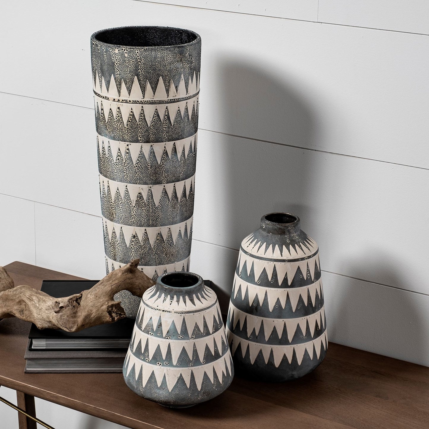 10" Gray And Ivory Abstract Cylinder Ceramic Table Vase