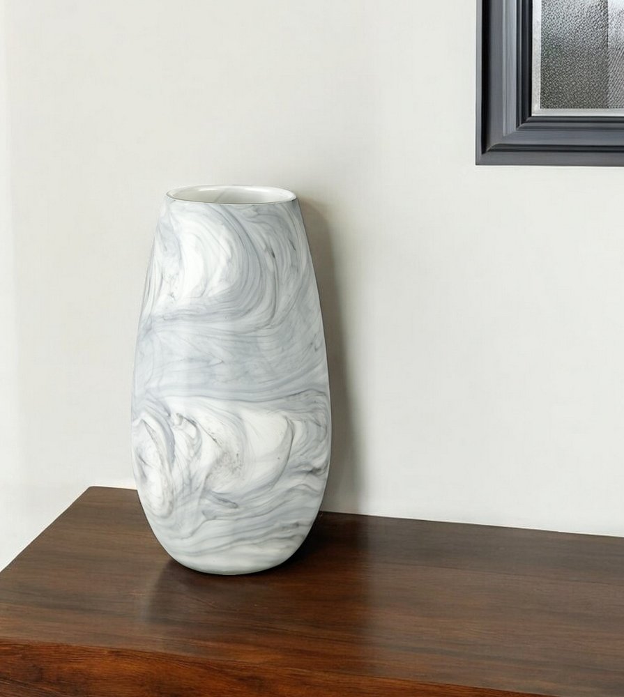 12" Gray And White Abstract Cylinder Crystal Glass Table Vase