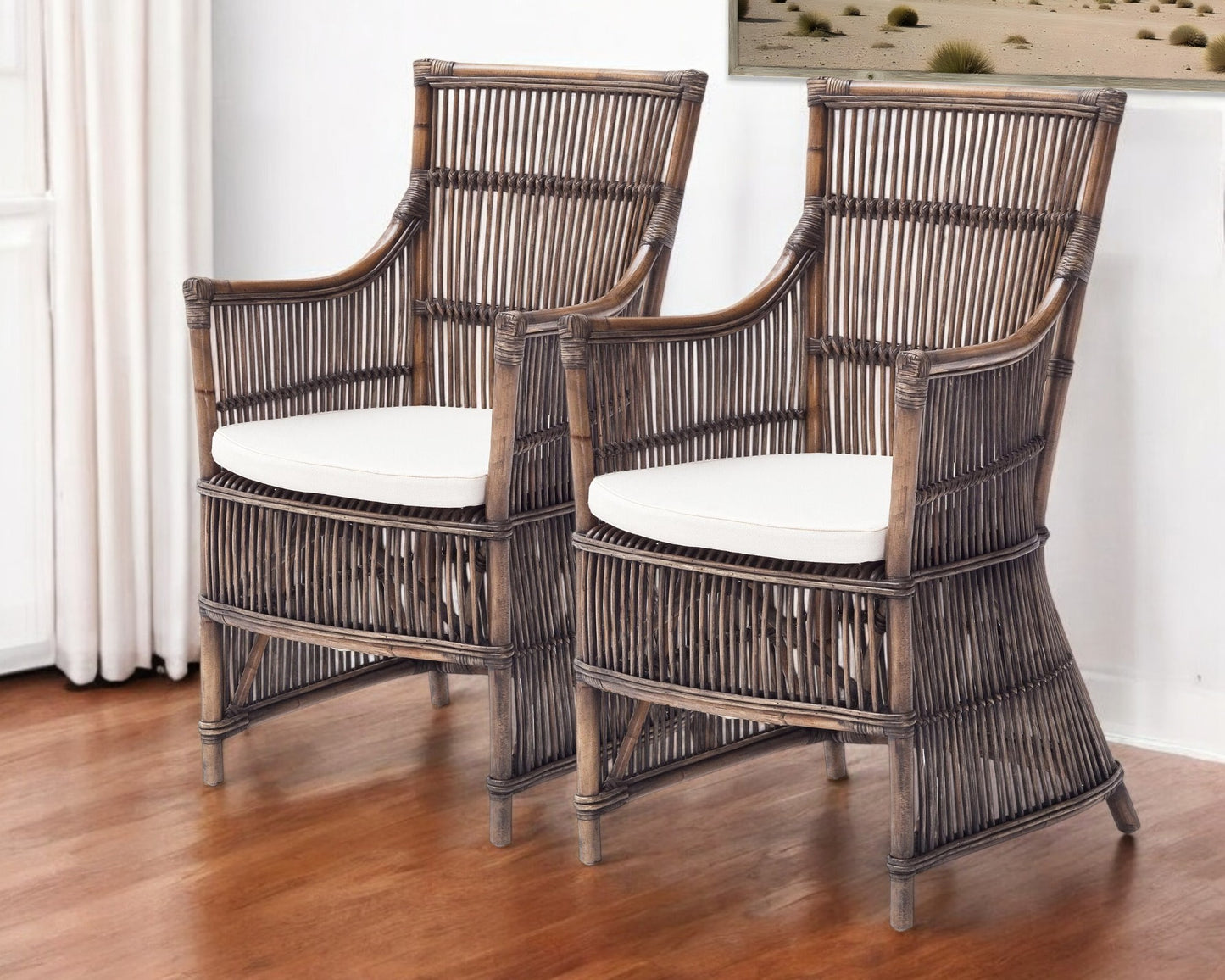 Set of Two Cream And Dark Brown Rattan Slat Back Dining Arm Chairs