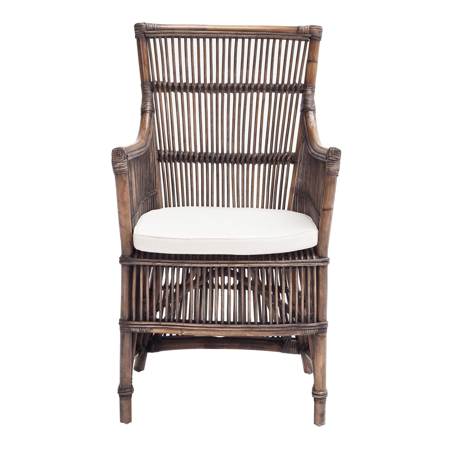 Set of Two Cream And Dark Brown Rattan Slat Back Dining Arm Chairs