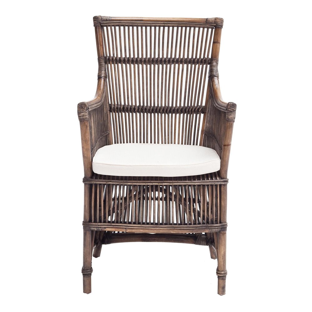 Set of Two Cream And Dark Brown Rattan Slat Back Dining Arm Chairs