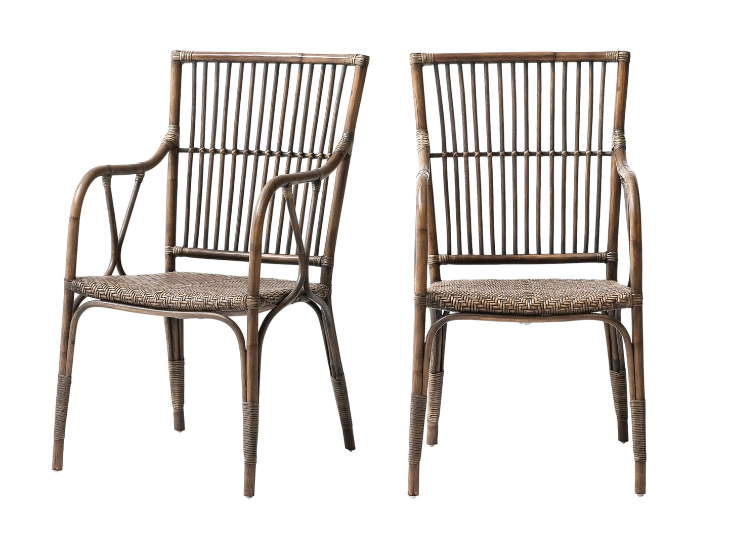 Set of Two Natural Rattan Slat Back Dining Arm Chairs