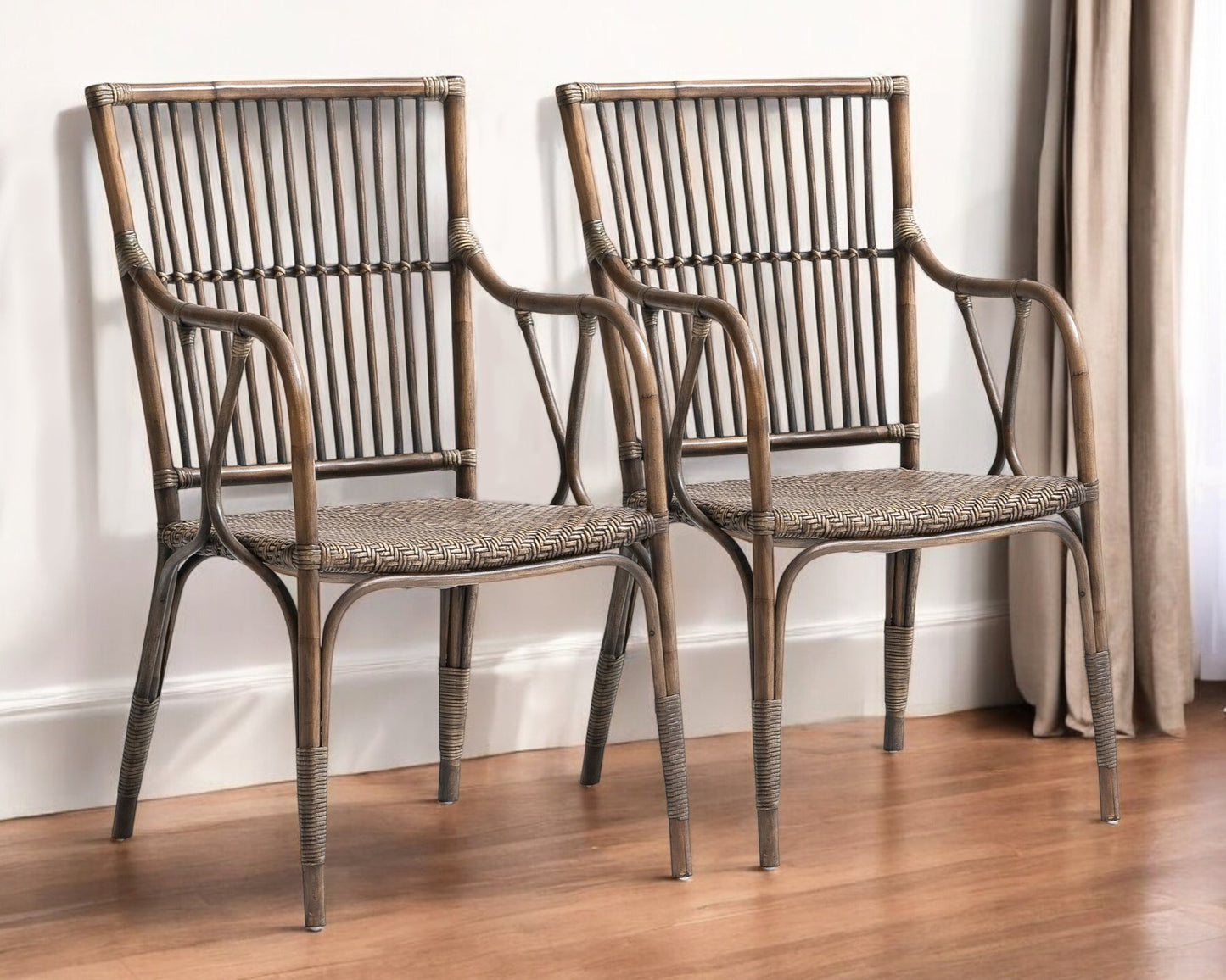 Set of Two Natural Rattan Slat Back Dining Arm Chairs