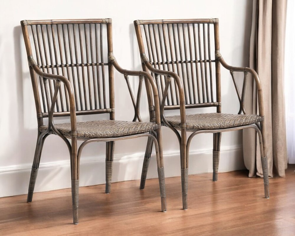 Set of Two Natural Rattan Slat Back Dining Arm Chairs