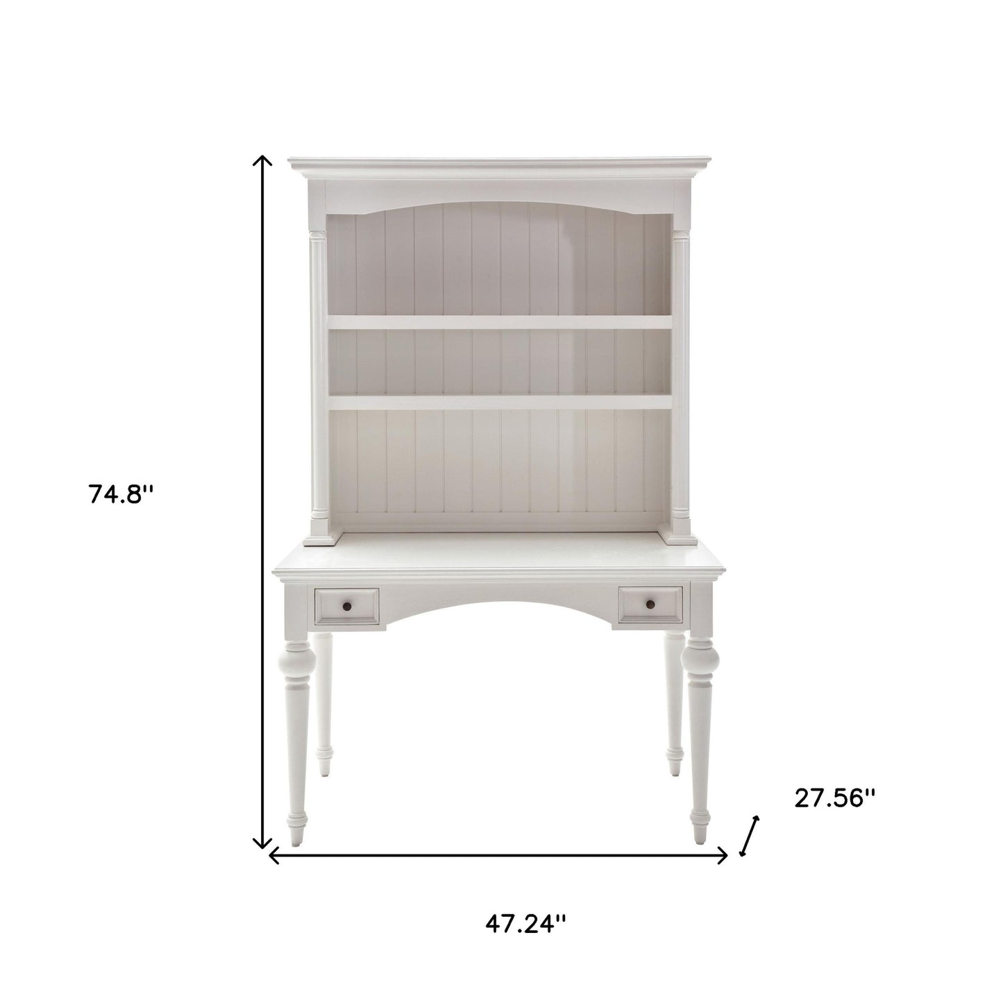47" White Solid Wood Computer Desk With Hutch With Two Drawers