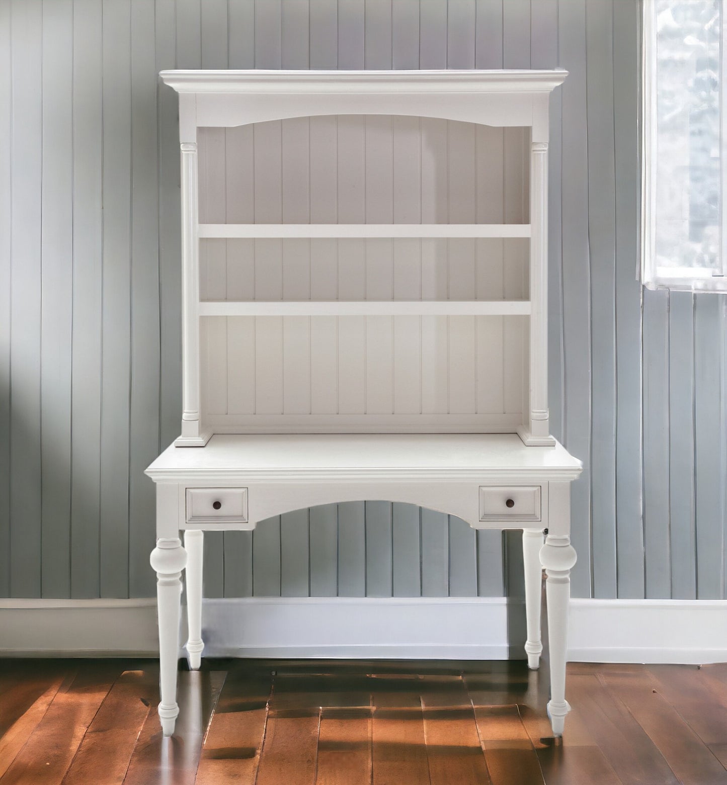 47" White Solid Wood Computer Desk With Hutch With Two Drawers
