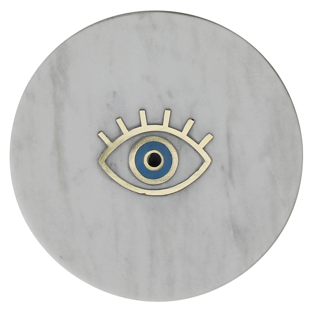 6" Gold And White Round Marble Inlaid Eye Serving Tray