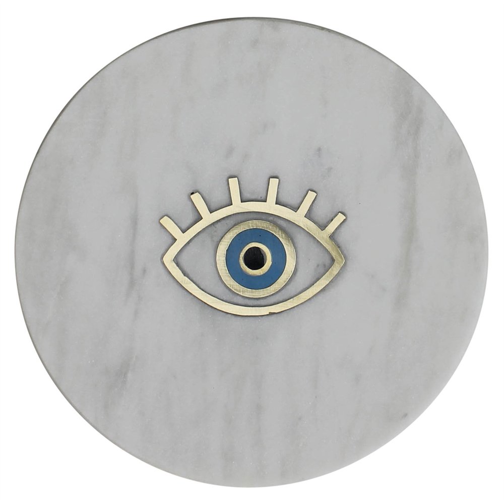 6" Gold And White Round Marble Inlaid Eye Serving Tray