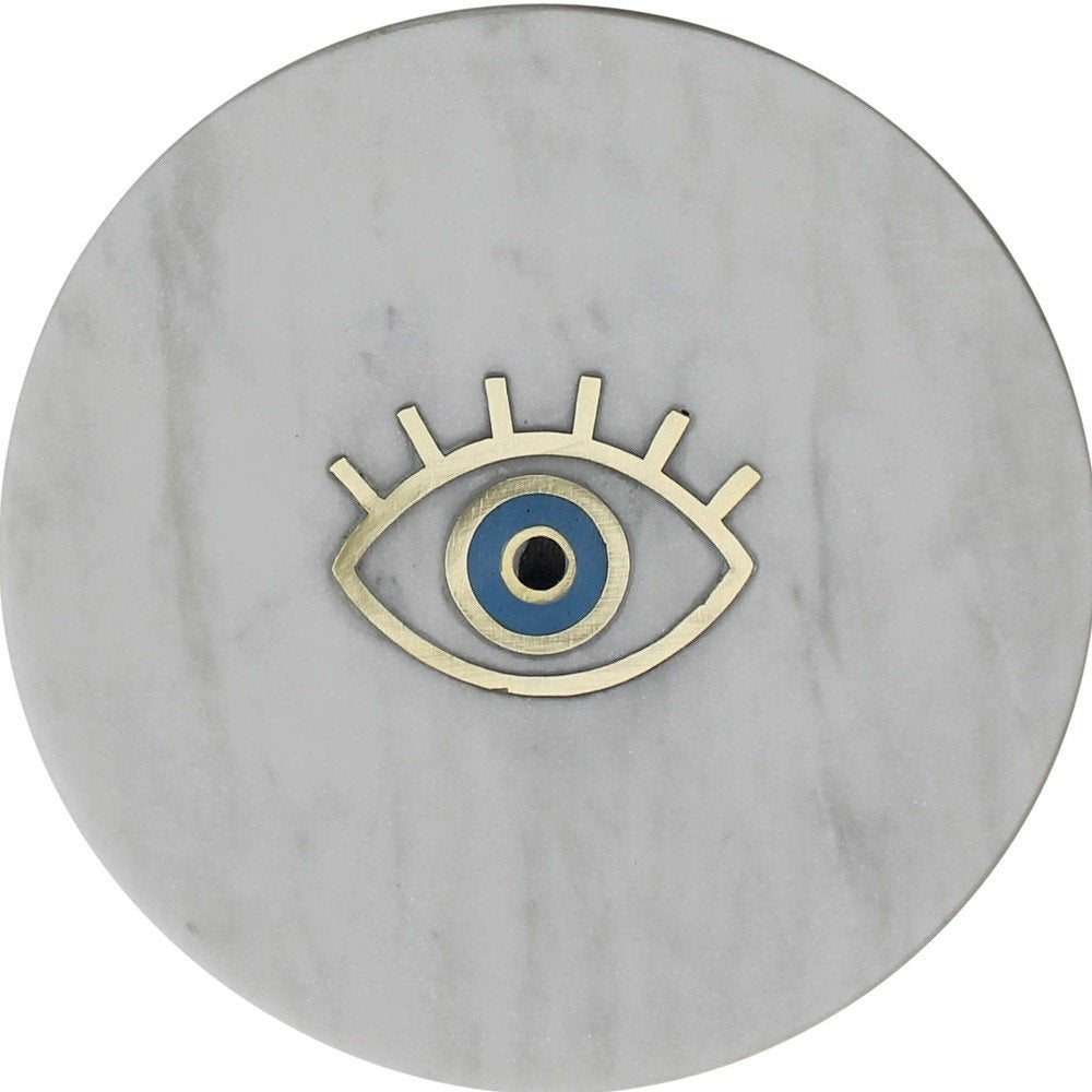 6" Gold And White Round Marble Inlaid Eye Serving Tray