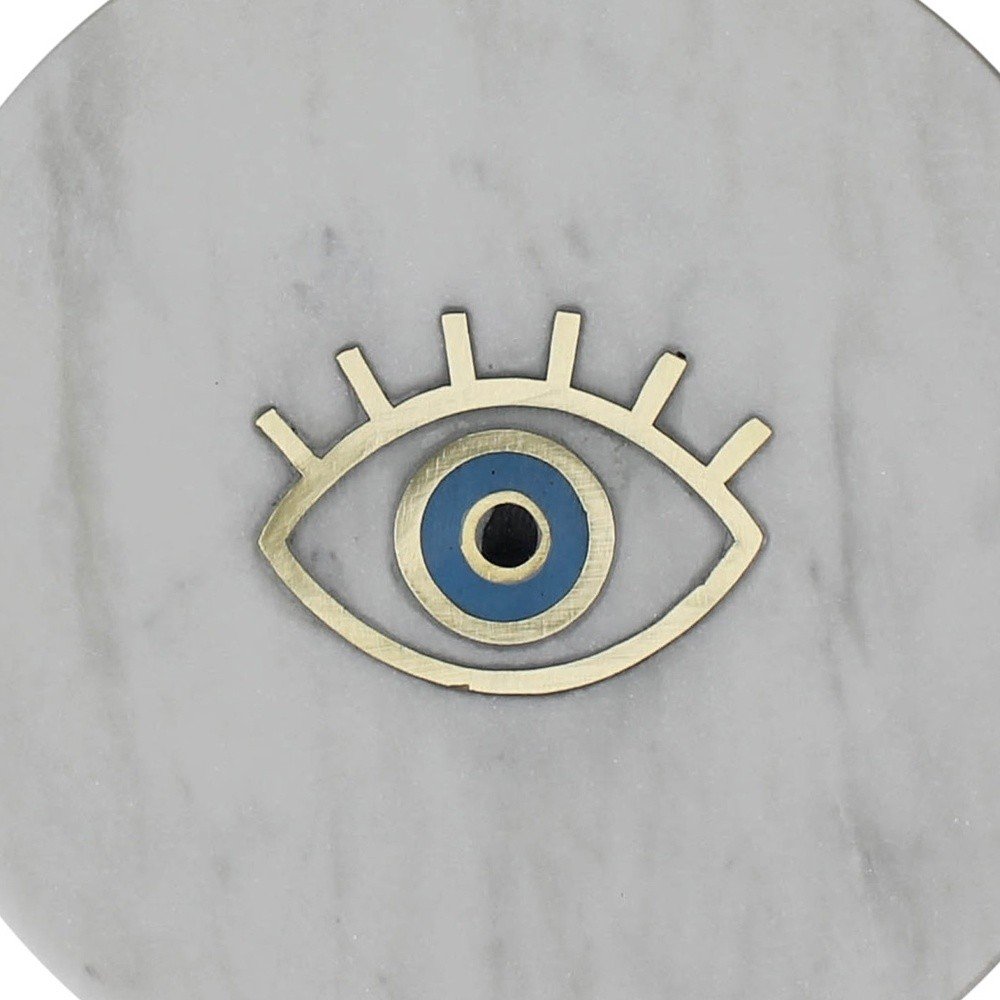 6" Gold And White Round Marble Inlaid Eye Serving Tray