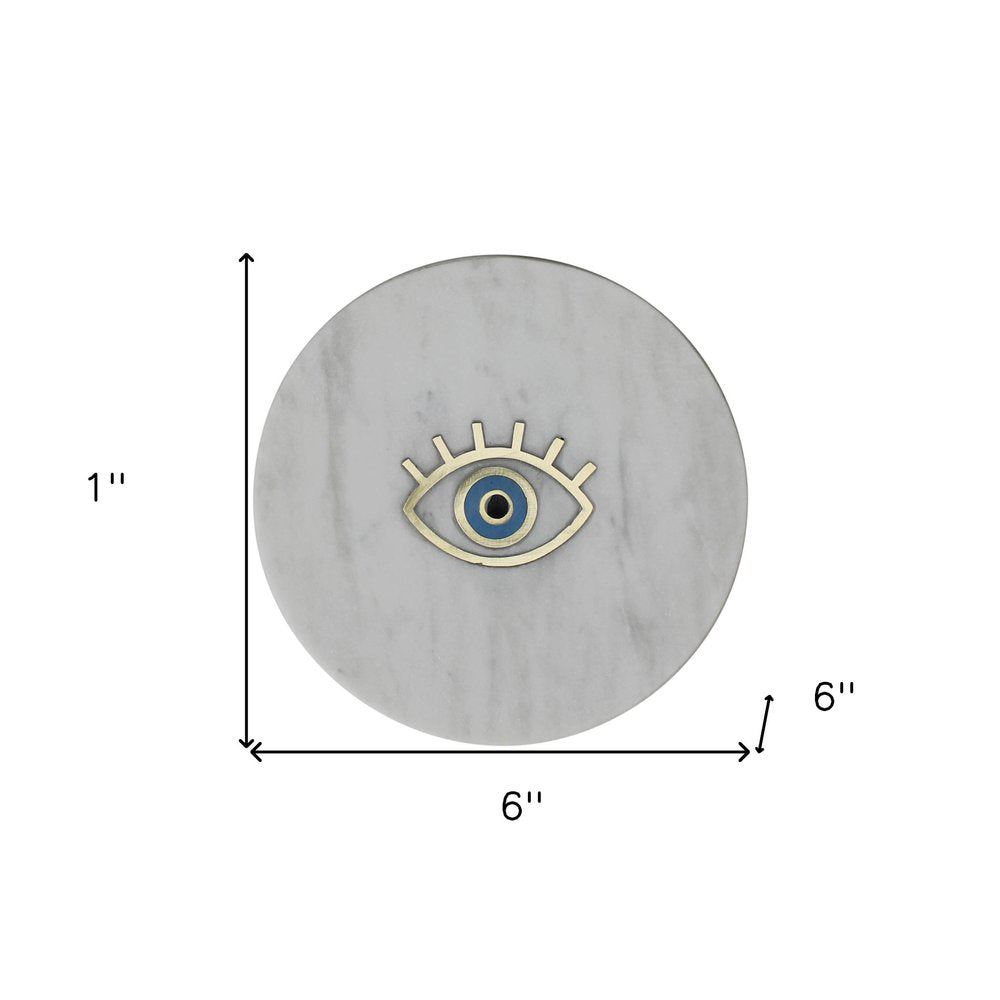 6" Gold And White Round Marble Inlaid Eye Serving Tray
