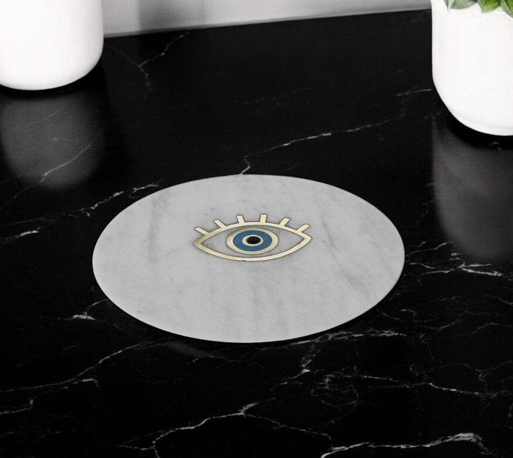 6" Gold And White Round Marble Inlaid Eye Serving Tray