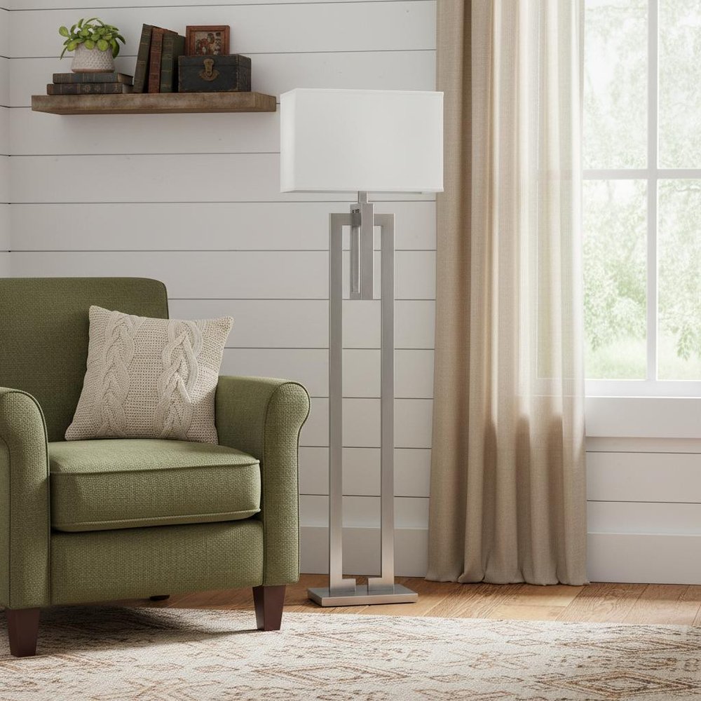 64" Nickel Traditional Shaped Floor Lamp With White Rectangular Shade