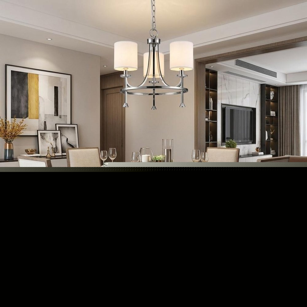 Silver Candle Style Three Light Metal Dimmable Chandelier With White Shades
