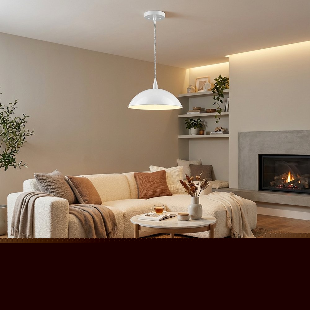 White Metal Hanging Light with Dome Shade