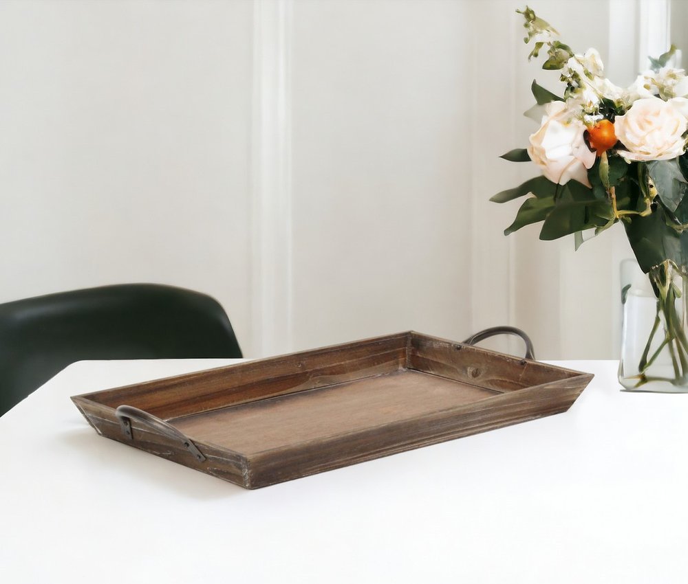 19" Brown Wood Handmade Serving Tray With Handles