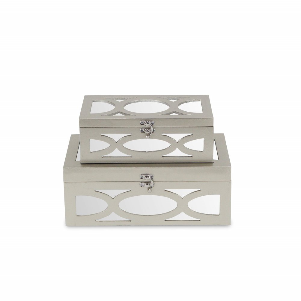 Set of Two Champagne Mirrored Glass And Wood Box With Lid