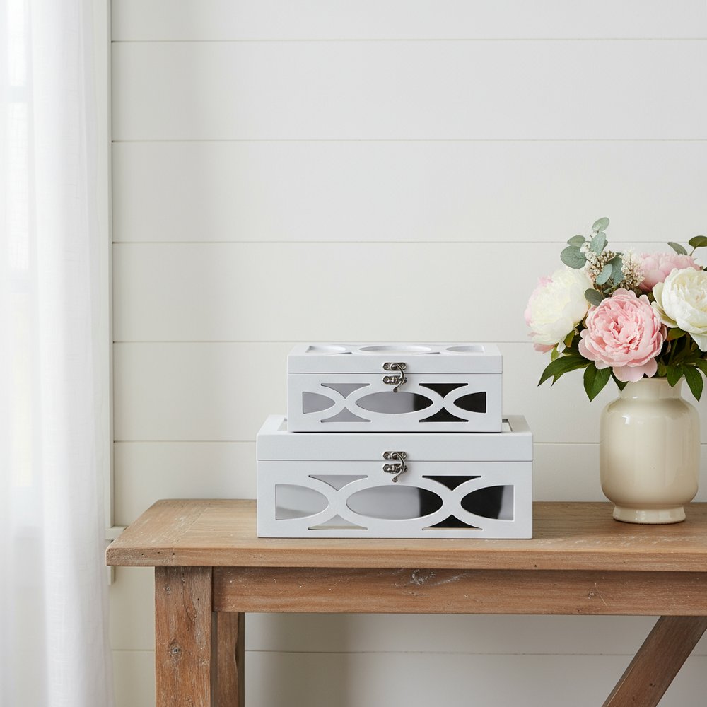 Set of Two White Mirrored Glass And Wood Box With Lid