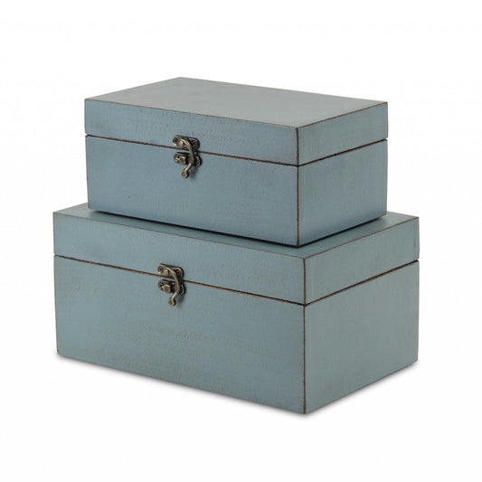 Set of Two Blue Wood Box With Lid