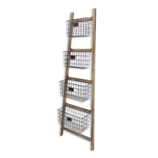 73" Natural And Black Wood And Metal Storage Ladder With Baskets