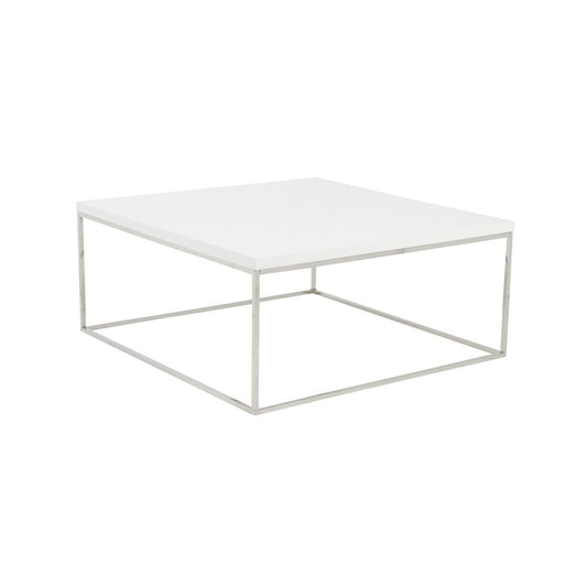 35" White and Silver Wood And Metal Square Frame Coffee Table