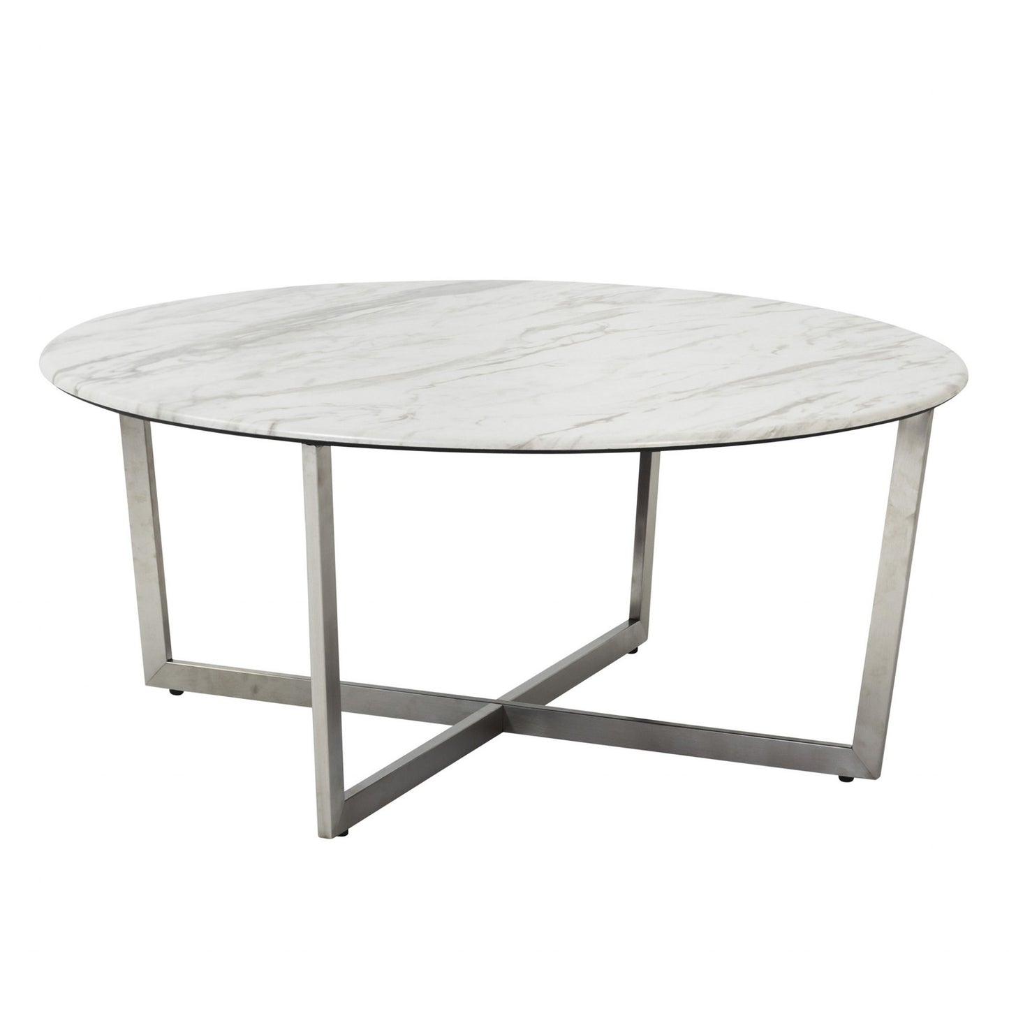 36" White and Silver Wood And Metal Round Cross Legs Coffee Table