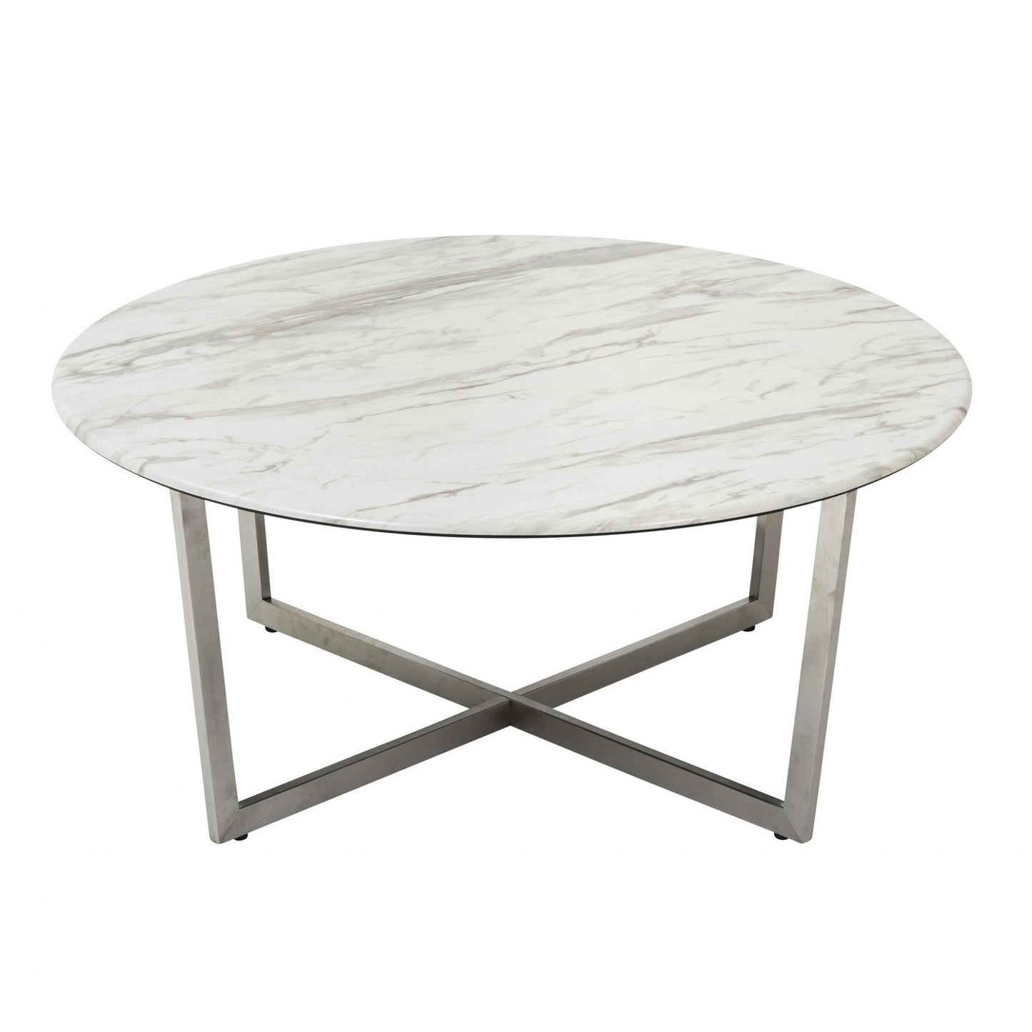 36" White and Silver Wood And Metal Round Cross Legs Coffee Table