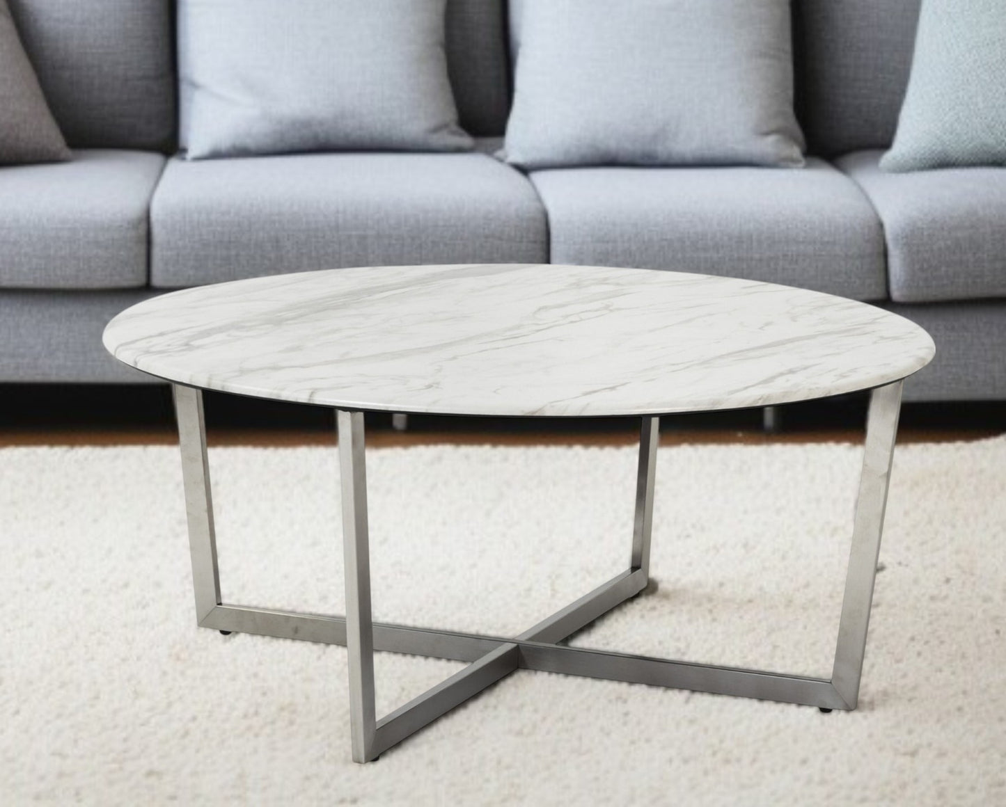 36" White and Silver Wood And Metal Round Cross Legs Coffee Table