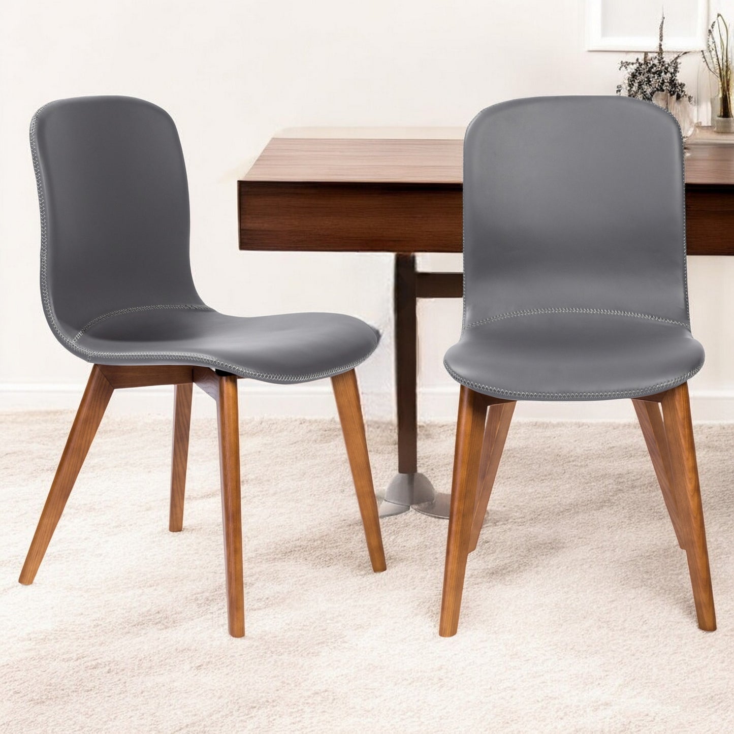 Set of Two Gray and Brown Upholstered Faux Leather Dining Side Chairs