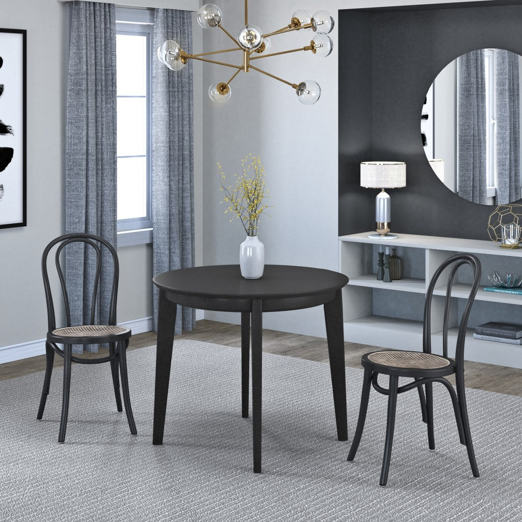 Set of Two Black and Natural Solid Wood And Rattan Curved Back Dining Side Chairs