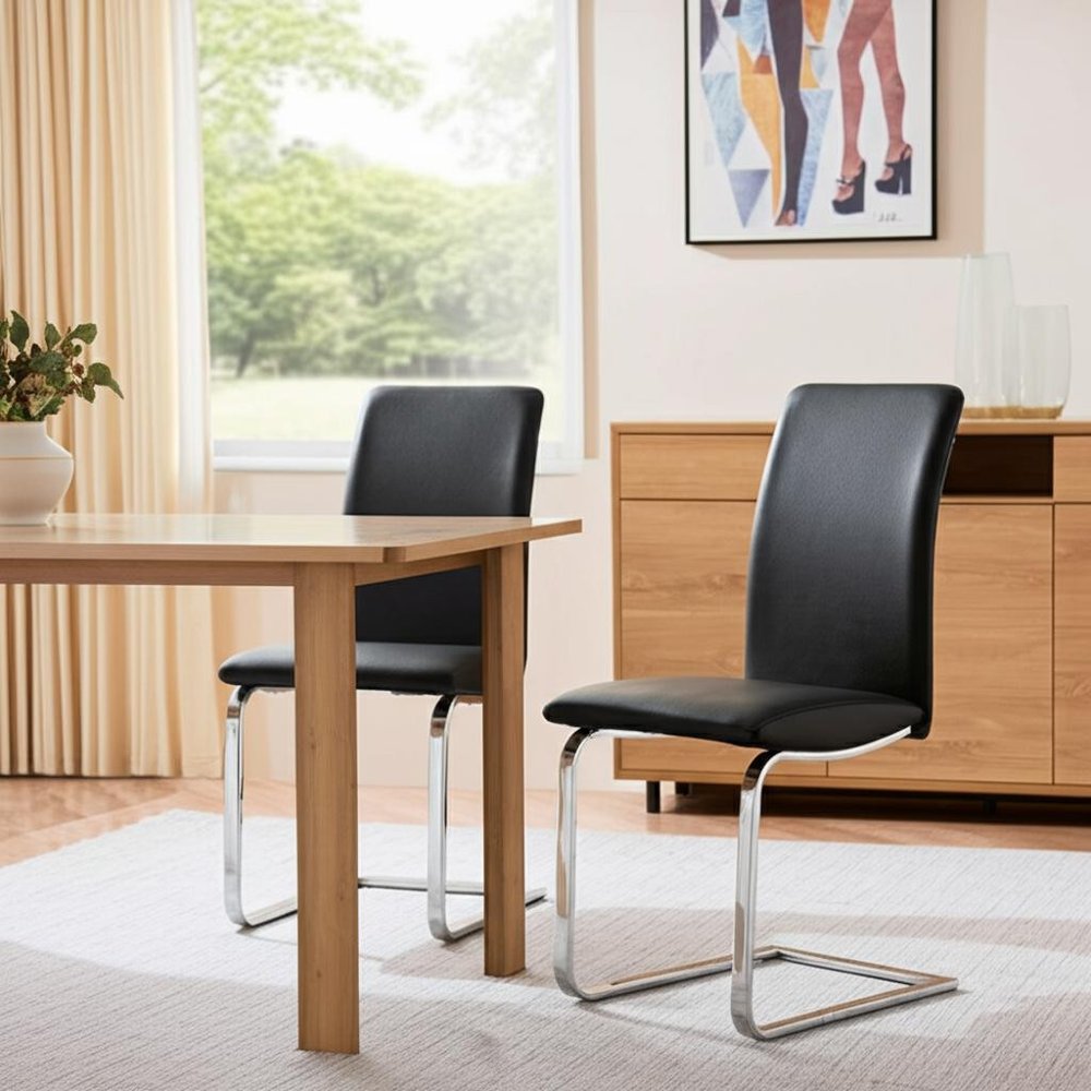 Set of Two Black and Silver Upholstered Leather Dining Side Chairs