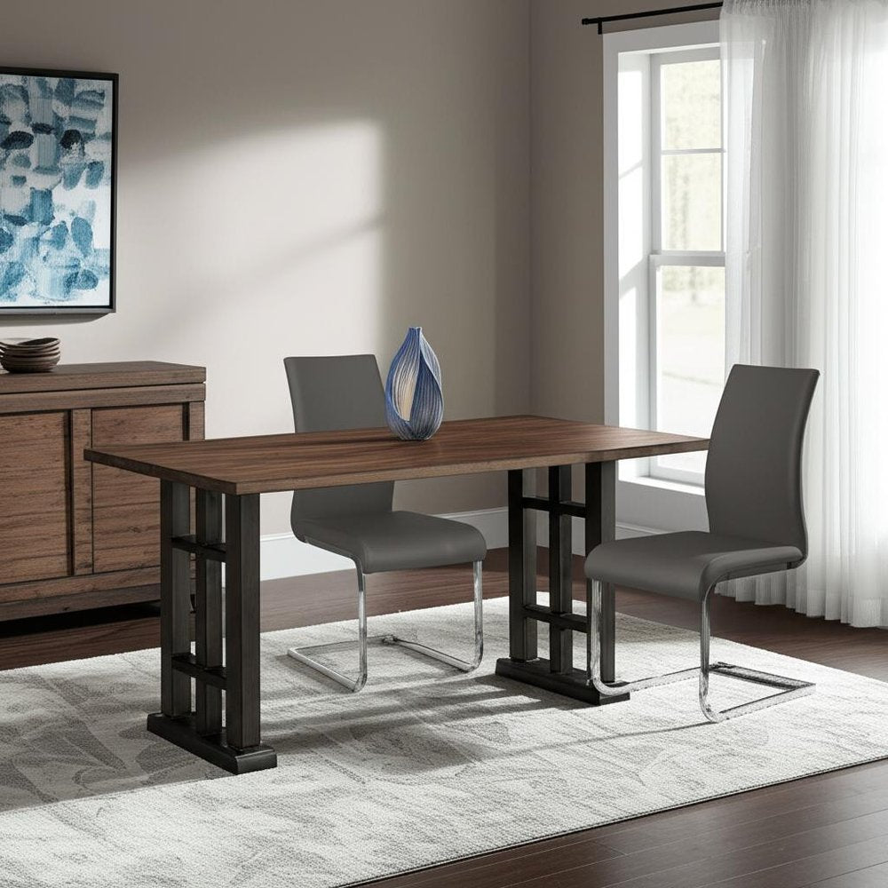 Set of Four Gray and Silver Upholstered Leather Dining Side Chairs